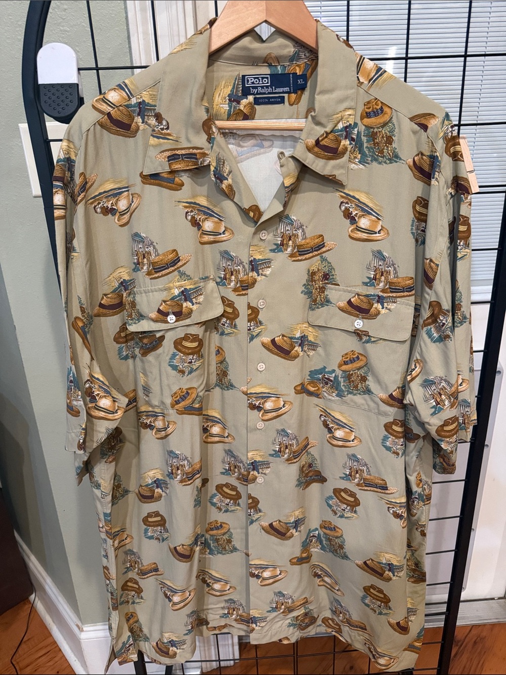 Vintage Polo Ralph Lauren XL 90s Rayon Straw Hat Scenic Print Camp Shirt